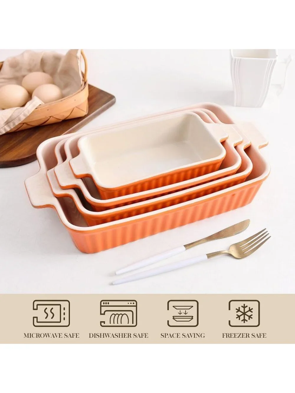 4 Set Orange Ceramic Casserole Dishes for Oven Ceramic Baking Deep Dishes Set